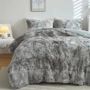 Faux Fur Plush Tie Dye Grey White Comforter Set Fluffy Fuzzy Shaggy Bedding Set - Picture 1 of 7