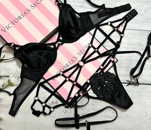Victoria's Secret Satin Ring Bra Set Unlined Plunge Garter Thong 3 pcs Black - Picture 1 of 10