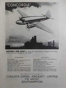 2/1946 PUB CUNLIFFE-OWEN AIRCRAFT CONCORDIA AIRLINER FEEDER ORIGINAL AD - Imagen 1 de 2