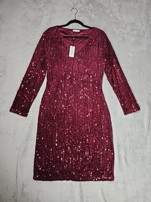 Vestido midi In'Voland Borgoña Vino Elegante Lentejuelas Largo Slv Forrado Cuello en V Talla 18W Foto 1 de 4