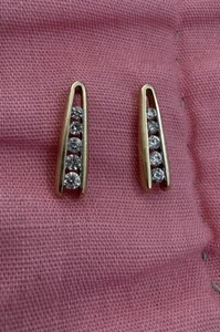 Vintage 10k Gold & Channel Set Diamond Demi Hoop Pierced Earrings Dainty Lovely - Picture 1 of 11