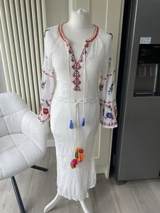 ZARA EMBROIDERED FLORAL FLOWER LONG DRESS BOHO WHITE SIZE M MEDIUM 8 10 KAFTAN - Picture 1 of 23