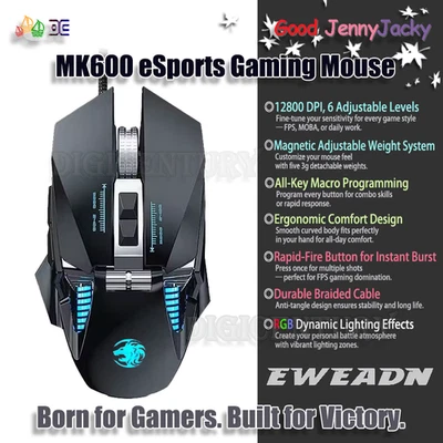 EWEADN MK600 Gaming Mouse 12800DPI RGB Wired Programmable Magnetic Weight Ergon - Image 1 of 2