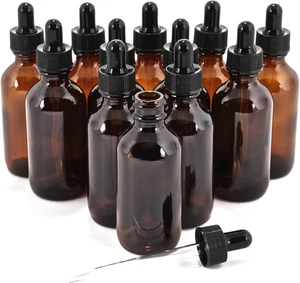 12 Botellas de Vidrio Ámbar 2oz con Cuentagotas de Vidrio para Aceites y Líquido - Picture 1 of 12