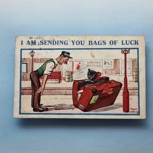 Comic Postkarte um 1928 Bahnhof Glückstüten schwarze Katze Perly - Bild 1 von 2