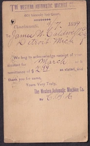 1899 cartolina The Western Automatic Machine Co 601 Lincoln Inn Ct Cincinnati - Foto 1 di 2