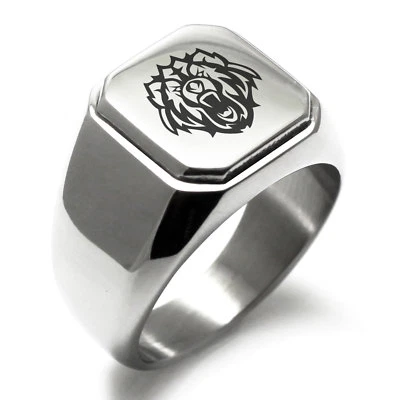 Stainless Steel Tribal Bear Animal Design Mens Square Biker Style Signet Ring - Image 1 of 4