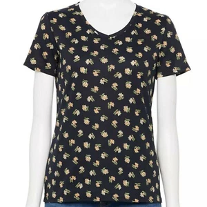 Women's Croft & Barrow V-Neck Short Sleeve Top Tee Black Floral Size Petite M - Picture 1 of 2