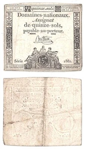 4. 1. 1792 France Assignat 15 Sols First Issue Revolutionary Series 1882 #A54 - Picture 1 of 1