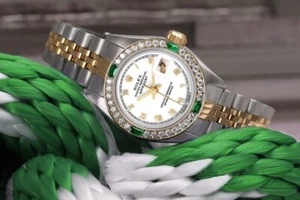 Rolex Datejust 26 mm Diamond & Emerald Bezel White Roman Numeral Dial - Picture 1 of 5