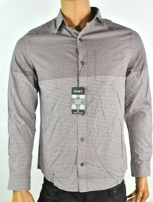 Camisa masculina DKNY nova S marrom xadrez mangas compridas botão natural elástico Gingham - Imagem 1 de 3