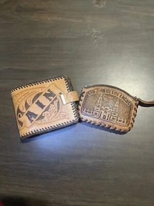 Two Vintage Western Style Hand Tooled Leather Bifold Wallet & Zipper Coin Purse - Picture 1 of 9
