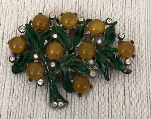 Vintage Signed Isser Singer & Son NYC Green Painted Leaves Rhinestone Brooch ^ - Picture 1 of 13