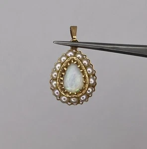 Vintage 14k Gelbgold Birne Opal und Rocailles Heiligenschein Anhänger mit Kaution 1" - Bild 1 von 5