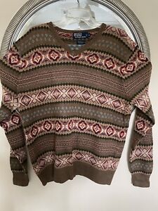 Polo Ralph Lauren Sweater Vneck Silk Cotton  Linen  Brown Fair Isle NWOT