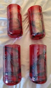 Set Of 4 Hand Blown Red Black Iridesent Drinking Glasses Beverage Barware 6 1/2" - Picture 1 of 9