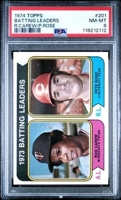 1974 Topps #201 Rod Carew/Pete Rose PSA 8 líderes de bateo gemelos/rojos (2112) Foto 1 de 2