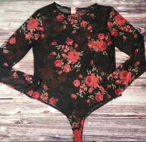 Sheer Mesh Bodysuit Womens XXL Red Black Long Sleeve Whimsigoth Festival Vintage - Picture 1 of 12