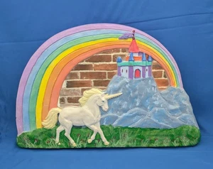Vintage Einhorn Regenbogen Schloss Keramik Wandrelief Spiegel - Bild 1 von 4