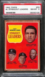 1962 Topps #59 A.L. Strikeout Leaders Whitey Ford Jim Bunning PSA 8 NM-MT 8280 - Bild 1 von 4