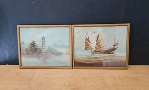 ANTIQUE CHINESE WATERCOLOUR PAINTING PAIR PAGODA JUNKET SMALL ZHUWEN STAMP SEALS - Picture 1 of 23