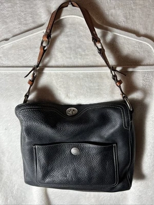 COACH Chelsea 黑色荔枝纹皮革棕色装饰单肩包手提包 8E98 — 第 1/4 张图片