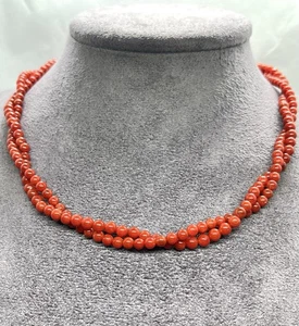 Collana Torchon Corallo Rosso Naturale Mediterraneo 4mm-2 Fili-Oro 18kt - Picture 1 of 6