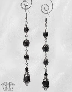 Gothic Silver Long Black BEADED TEARDROP EARRINGS Flapper 1920s Crystal Drop - Picture 1 of 3