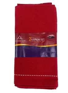 Holiday Time Red Fabric Napkin Set of 2 White Stitch Cotton 17"x17" Christmas - Picture 1 of 4