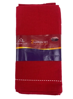 Holiday Time Red Fabric Napkin Set of 2 White Stitch Cotton 17"x17" Christmas - Image 1 of 4