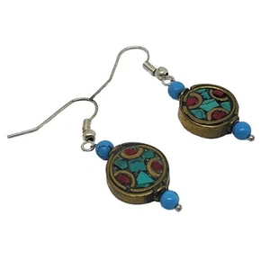 Vintage Turquoise Coral Tibetan Earring - Picture 1 of 8