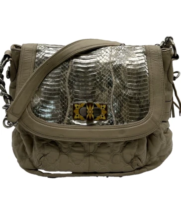 Bolso de Mano Carlos Falchi Beige Acolchado Cuero Cadena Correa Piel de Serpiente Solapa Repujada Foto 1 de 4