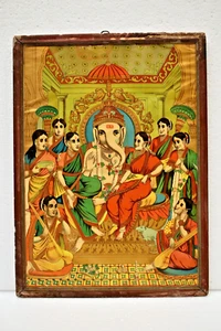 Vintage Raja Ravi Varma Lithograph Print of Ganapati with Riddhi Siddhi Devotees - Picture 1 of 4