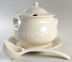 Longaberger elfenbeingewebte Traditionen 160 Unzen Tureeen, Pfanne und Unterplatte - Bild 1 von 3