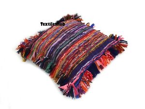 Multicolored Cotton Rug Rag 18x18 Indian Handmade Chindi Pillow Cushion Cover US