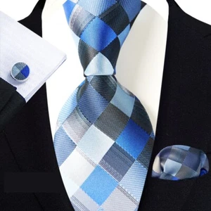 Classic Checks Plaids Blue Jacquard Silk Men's Tie Necktie Hanky Cufflink Set - Picture 1 of 6
