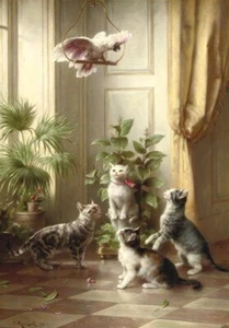 CATS & THE COCKATOO * CARL REICHERT * LARGE A3 SIZE QUALITY CANVAS PRINT - Picture 1 of 1