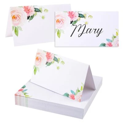 Place Card for Table 100Pcs Wedding Seat Folding Cards Pink Flower and Green ... - Image 1 of 4