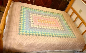 Rainbow Block Quilt Vintage 1950s Handmade 81x70 Feed Sack Cottage Chic Lined - Picture 1 of 6