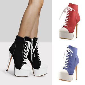 Onlymaker Canvas Sneaker High Heel Lace Up Patchwork Platform Ankle Boots Shoes