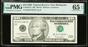 $10 1999 Federal Reserve * Star Note Richmond PMG 65 EPQ Gem Uncirculated - Picture 1 of 3