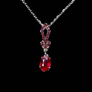 925 Sterling Silver Necklace Oval Ruby 7x5mm Ruby Diamond Cut Gemstone 18inches - Picture 1 of 14