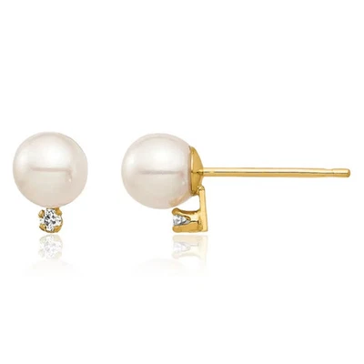 14K Solid Yellow Gold 4mm White Round Freshwater Cultured Pearl Diamond Stud ... - Image 1 of 4