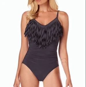 Magicsuit Blaire One-Piece Swimsuit Sz 12 Gray Fringe Ruched Slimming Underwire - Picture 1 of 9