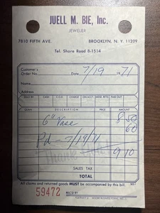 Juell M Bie Inc Jeweler 7810 Fifth Ave Brooklyn New York NY Vintage Receipt 1966 - Picture 1 of 2