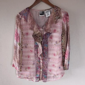 Vintage Phool Sheer Floral Top Sz S Ruffle Boho Romantic Fairy Cottagecore Y2K - Picture 1 of 20