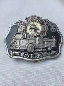 1985 C & J CJ1027 MADE IN USA AMERICA'S FIREFIGHTERS PUMPER TRUCK BELT BUCKLE - Picture 1 of 10