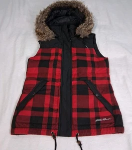 Eddie Bauer Goose Down Puffer Vest Sz XS Buffalo Plaid Red Black Faux Fur Hooded - Picture 1 of 13