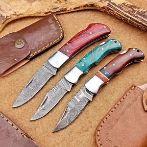 LOT OF 3 PCS! Handmade Damascus Pocket Knives – Folding Knives, W/Sheath IT-1409 - Picture 1 of 10