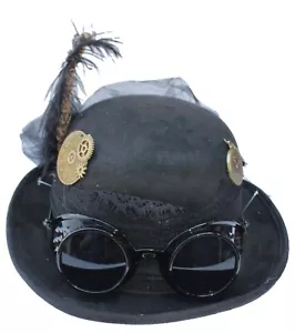 Deluxe Velvet 4.5" High Steampunk Gears Victorian Top Hat Veil Feathers One Size - Picture 1 of 4